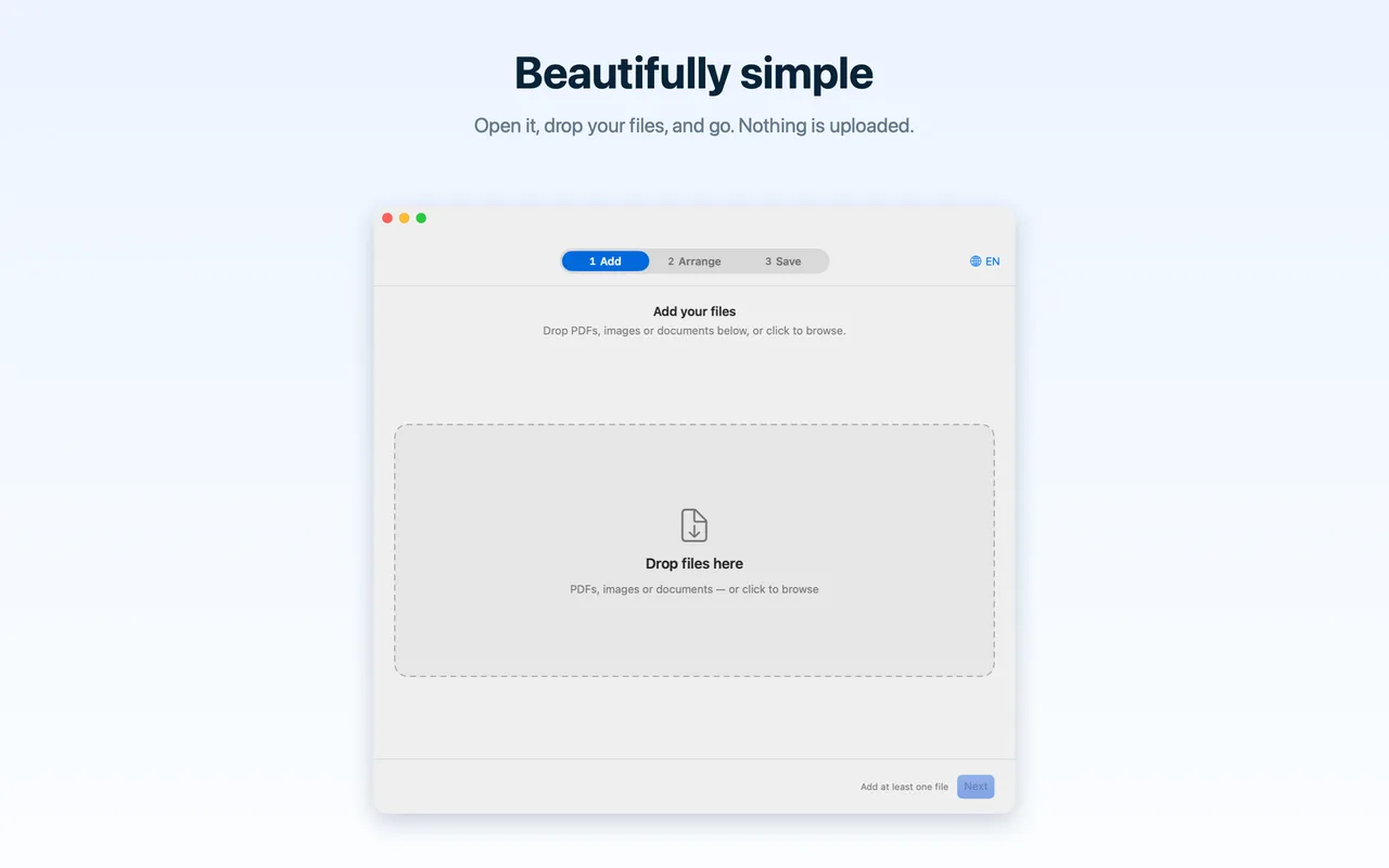 The Add step on macOS: a large drop area reading “Drop files here”.