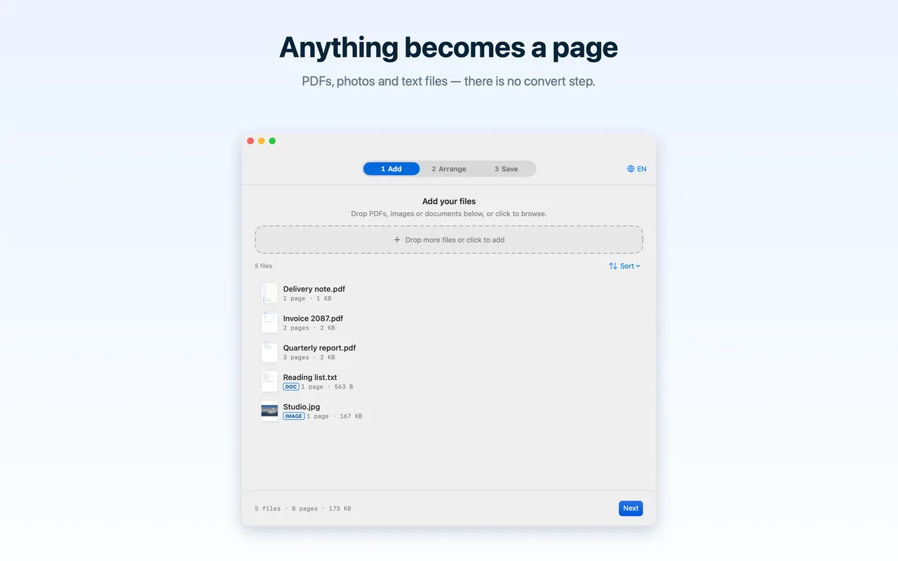 A list of added files on macOS, including an image and a text document converted to pages.