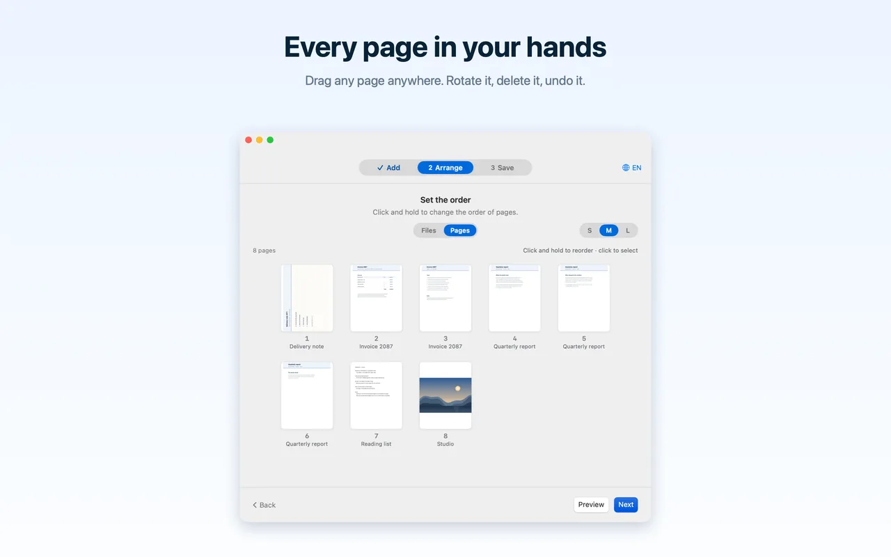 The Pages view on macOS showing every page of the finished document as a thumbnail.
