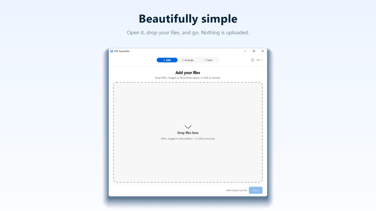 The Add step on Windows: a large drop area reading “Drop files here”.